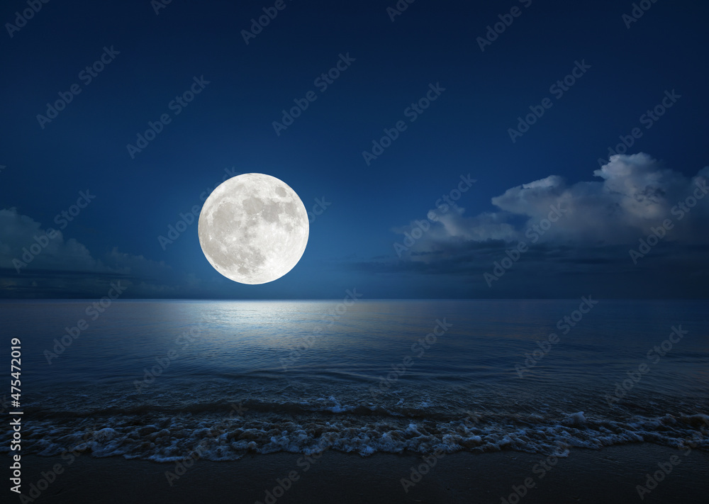 Wall mural full moon over the sea with tropical beach. (elements of the moon image furnished by nasa)