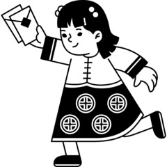 chinese girl and money gift line illustration organic style for celebrate chinese lunar new year, website, web, application, presentation, printing, document, poster design, etc.