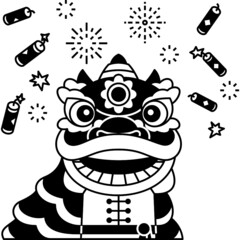 chinese lion dancing celebrate with fire crackers for new year, greeting, website, web, application, presentation, printing, document, poster design, etc.