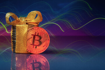 Gift-wrapped stack of bitcoins with gold ribbon on dark blue background with abstract lights