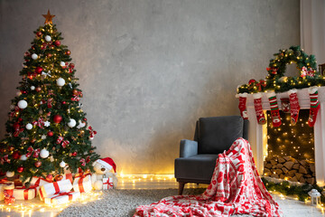 Christmas tree with gift lights garland decoration new year