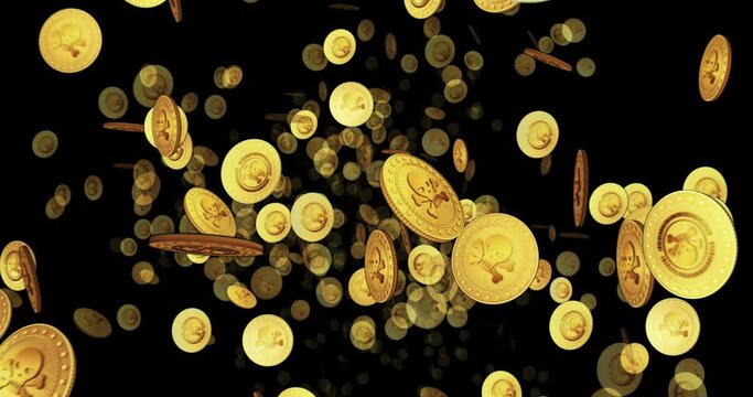 Piracy skull  haking symbol, cyber attack and crime  a looped flight between golden coins. Loopable abstract background. 3D seamless loop concept of transaction and blockchain technology.