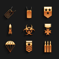 Set Biohazard symbol, Chevron, Bullet, Military reward medal, Parachute, Nuclear rocket, and dog tag icon. Vector