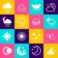 Set Cloud with moon and stars, rain sun, and Sunset icon. Vector