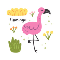 Wild animal childish illustration. Flamingo bird with herbs, grass. Vector design for children. Isolated on white background.