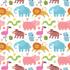 Wild animals endangered species. Seamless pattern, texture, background. Elephant, lion, flamingo, snake, hippo, koala, warthog. Vector design for children. Editable background.