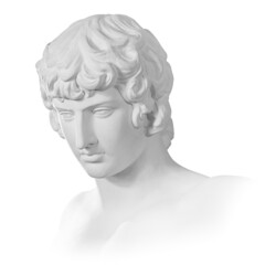 Gypsum copy of famous ancient statue Antinous bust isolated on a white background with clipping path. Plaster antique sculpture young man face. Renaissance epoch. Portrait