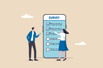 Online survey questionnaire, poll, opinion or customer feedback using internet concept, man and woman using mobile or smartphone to fill in online survey checklist. - obrazy, fototapety, plakaty