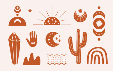 Modern hand drawn set boho elements with mystery symbols in terracotta colors. Bohemian vector ilustration.  All objects are isolated - obrazy, fototapety, plakaty