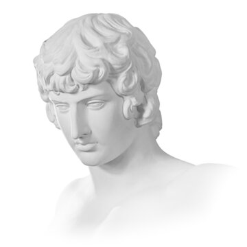 Gypsum copy of famous ancient statue Antinous bust isolated on a white background with clipping path. Plaster antique sculpture young man face. Renaissance epoch. Portrait