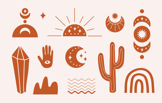 Modern hand drawn set boho elements with mystery symbols in terracotta colors. Bohemian vector ilustration.  All objects are isolated