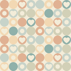 Retro seamless geometric pattern with heart and circle. Valentine's day minimalistic artwork poster.  Vector pattern design for web banner,  branding package, fabric print, wallpaper