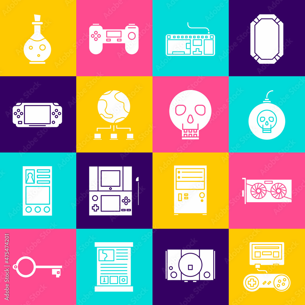 Poster set game console with joystick, video graphic card, bomb ready to explode, computer keyboard, networ