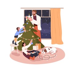 Happy family decorate Xmas tree with baubles and star at home. Father and children during fir decoration on winter holidays. Flat vector illustration of parent and kids isolated on white background