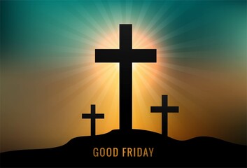 Greeting card for good Friday with three crosses sunset background