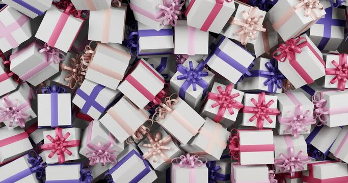 3d animation boxes decorated with ribbons with gifts fall and cover the entire screen. Lots of gifts, shopping on the eve of the new year, Christmas, birthday, holidays