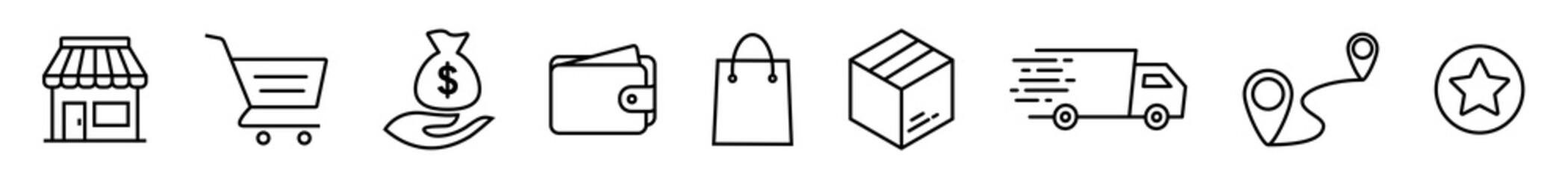 Shopping Icon in line style. Simple set of online shop market vector icon. Contains such Icons as money, fund, order, wallet, purse, bag, collect, box, delivery truck, and more. e-commerce business