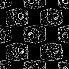 sushi roll pattern. A hand-drawn geometric pattern of a Japanese-style square-shaped sushi roll with rice and stuffing. white outline on black is often used for packaging design template, flyers, menu