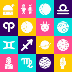 Set Palmistry of the hand, Moon, Planet Mars, Eclipse sun, Aries zodiac, Astronomical observatory and icon. Vector