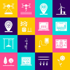 Set Flower, Smart farming technology, Incubator for eggs, Location and tree, with drone and icon. Vector
