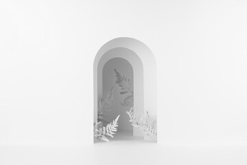White arches with perspective, shadows decorated leaves fern as elegant template of stage for presentation and display cosmetic product, goods, design, advertising in natural modern minimal style.