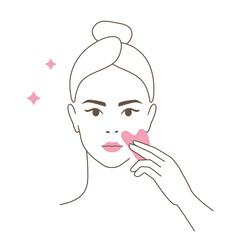 Beautiful girl take care of her face . Woman making skincare procedures with gua sha. Skin care routine, facial massage. Flat vector Illustration icon set