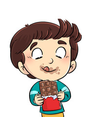 Illustration of boy eating a chocolate bar