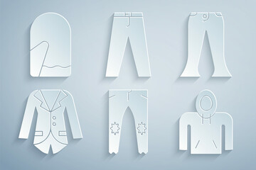 Set Pants, Blazer or jacket, Hoodie, and Christmas mitten icon. Vector