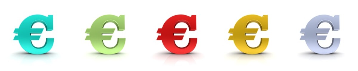 € Euro sign red green golden silver blue symbols eu cash money currency 3d rendering graphic in high resolution for print and business presentation isolated on white background