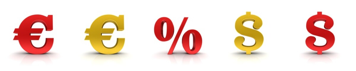 Dollar Euro percentage percent sign finance symbols gold red colored 3d rendering