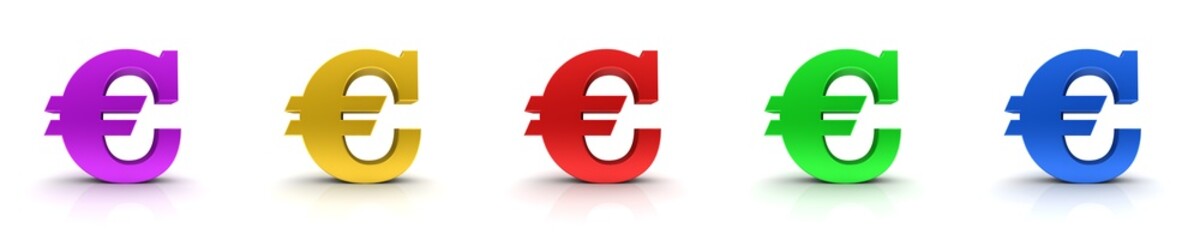 Obraz premium € sign Euro symbol red green blue golden yellow pink colored european currency icon 3d rendering in high resolution isolated on white background
