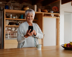 Portrait orientation of happy multi-cultural elderly female scrolling on smartphone while standing in modern kitchen.