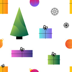 Christmas vector seamless pattern background with christmas trees, gifts, ornaments and snowflakes.