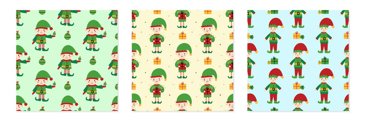 Obraz na płótnie Canvas Set, collection of three vector seamless pattern backgrounds with christmas elf character with gifts and christmas decorations. 