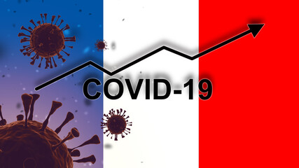 Omicron virus in France. COVID-19 growth graph near French flag. Delta plus infection of coronavirus. Growth concept for SARS-CoV-2. Omicron mutation in French Republic. COVID contagious. 3d image.
