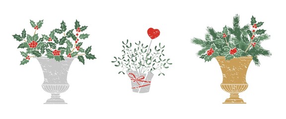 Natural forest bouquets pots and vases set for Christmas decoration. Floral arrangements. Evergreens, conifers, berries, leaves, thorns, cones. Vector color illustration