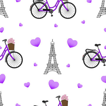 eiffel tower, bike with flowers in basket and purple hearts, vector illustration.