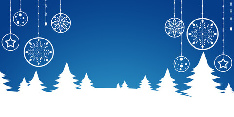 Winter beautiful illustration with white snowflakes, fir and ornaments on a blue background. Large banner with copy space.