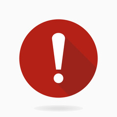 White vector exclamation flat icon in red circle. Flat design and long shadow