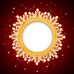 Square illustration with a round frame and golden snowflakes on a bright red background. Beautiful, bright illustration on a red background, golden snowflakes on a bright background and blurred lights
