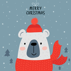 Cute winter greeting background with polar bear. Merry Christmas and Happy New Year card. Template for greeting, winter holiday cards, posters, banners and covers.