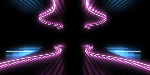 3D abstract background with neon lights. neon tunnel  .space construction . .3d illustration © andrii