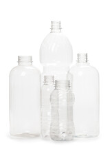 many different empty plastic bottles isolated on white background.
