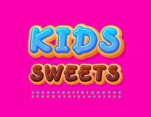 Vector artistic banner Kids Sweets. Blue glazed Font. Sweet set of handwritten Alphabet Letters and Numbers