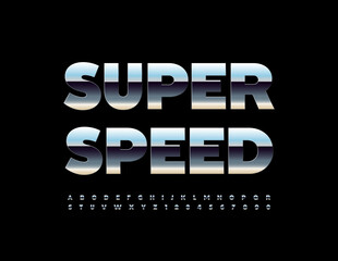 Vector Silver Emblem Super Speed. Reflective Metallic Font. Modern Alphabet Letters and Numbers set