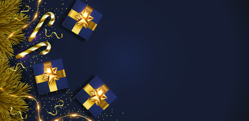 Merry Christmas and Happy New Year. Vector illustration for winter holiday. December. Flying golden confetti. Golden luxury product label. Web banner, poster, postcard. Modern design 