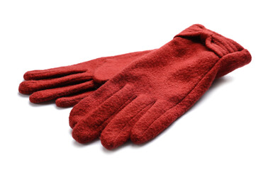 Stylish warm gloves on white background, closeup