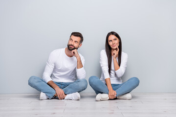 Photo of dreamy sister brother dressed white shirts finger hand arm chin empty space isolated...