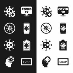 Set Virus statistics on mobile, Stop virus, Positive, Corona location, Clipboard with blood test results, Bar of soap and Human and icon. Vector