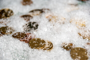 Gold coins covered with snow, close-up, selective focus. Success concept. Savings concept. Wealth concept in the new year